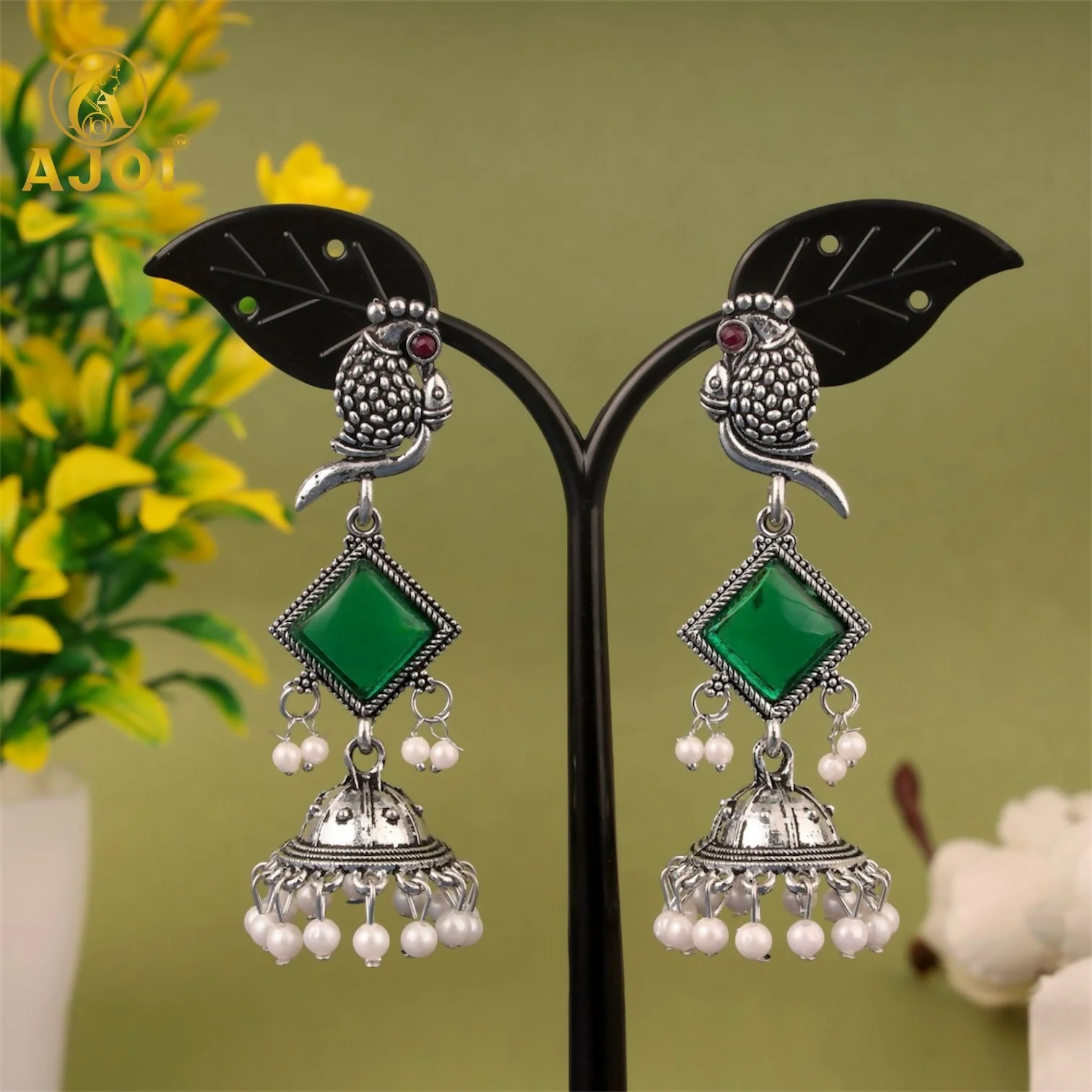 Oxidised Silver Green Stone Parrot Design Jhumka Earrings for Women & Girls - Image 4
