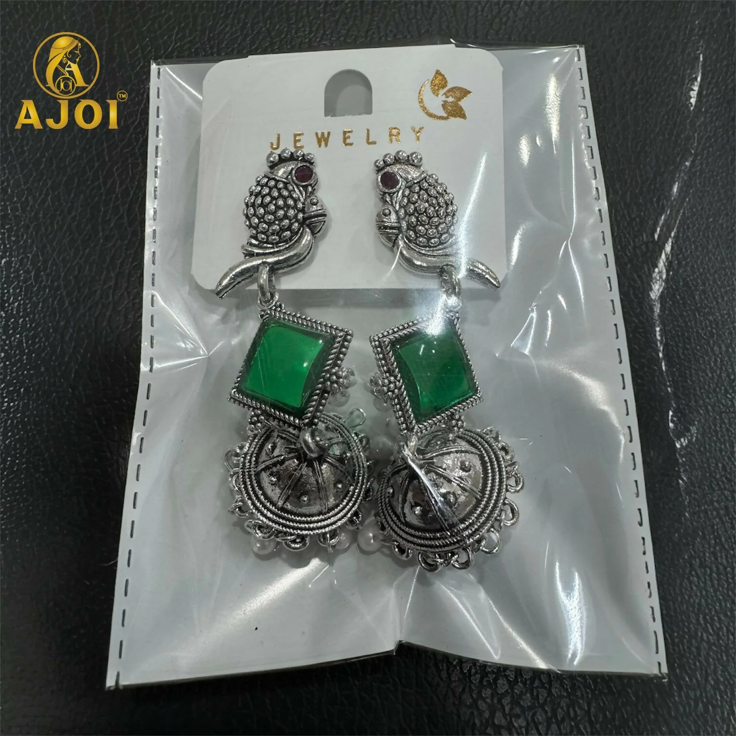 Oxidised Silver Green Stone Parrot Design Jhumka Earrings for Women & Girls - Image 5