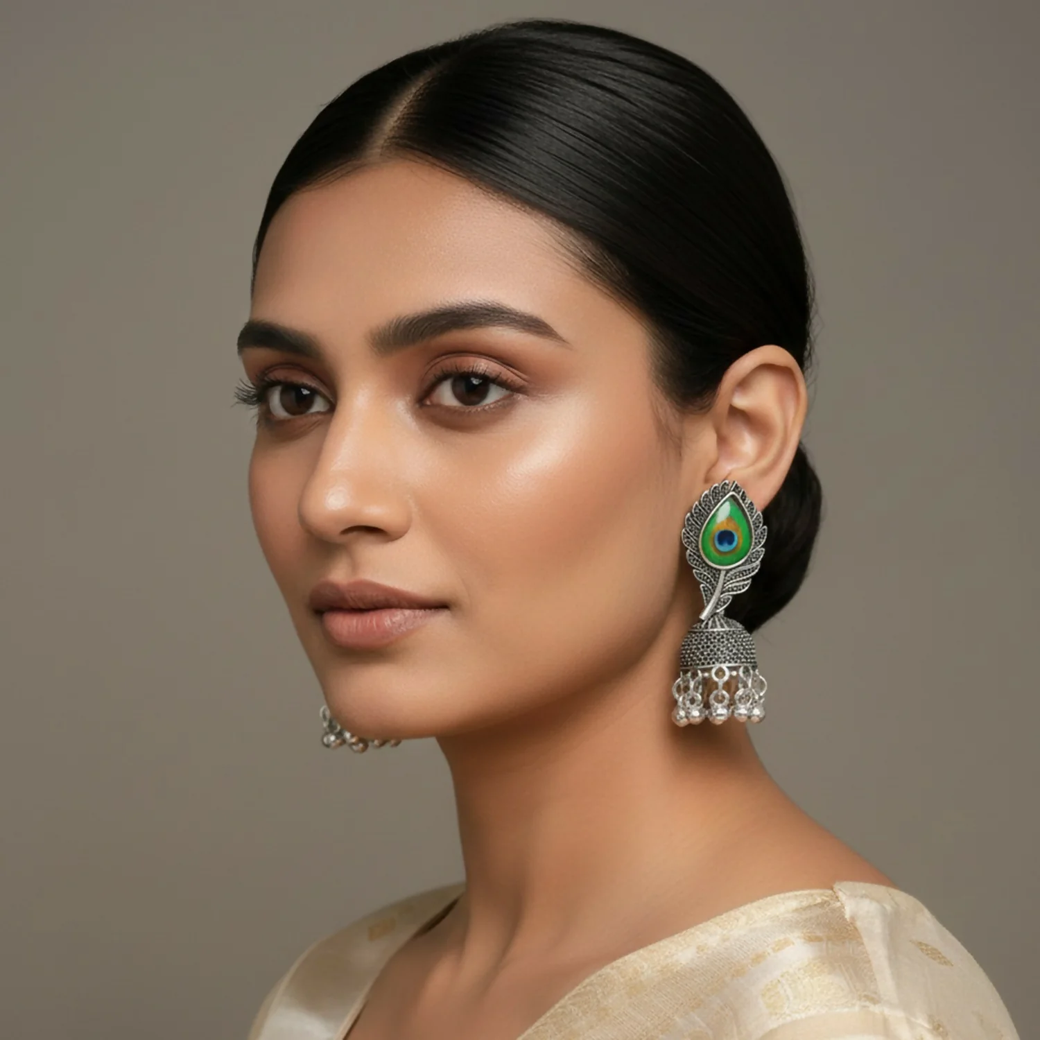 Oxidised Silver Jhumka Earrings Designed With Elegant Peacock Feather - Image 2
