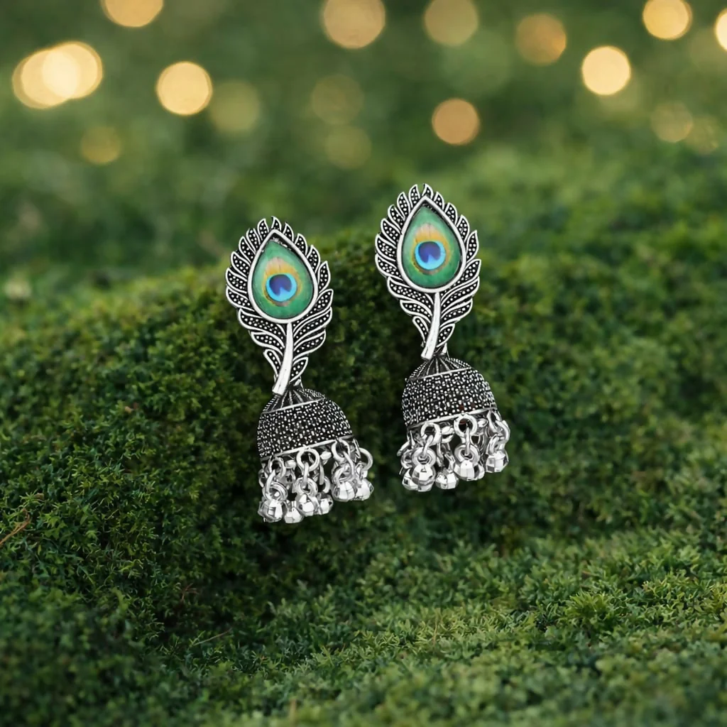 Oxidised Silver Jhumka Earrings Designed With Elegant Peacock Feather - Image 3