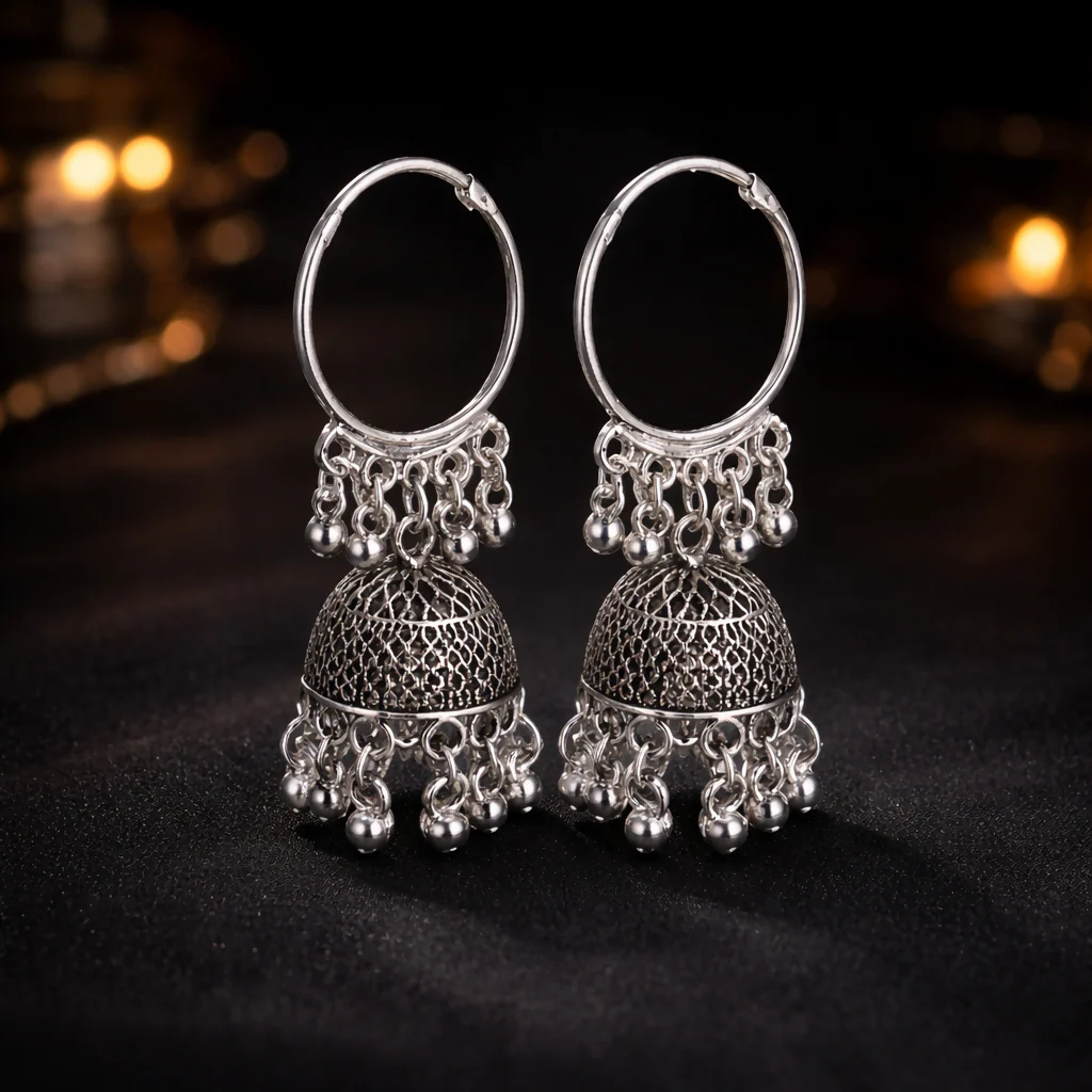 Oxidised Silver Jhumka Hoop Earrings for Women Traditional Ethnic Design - Image 2