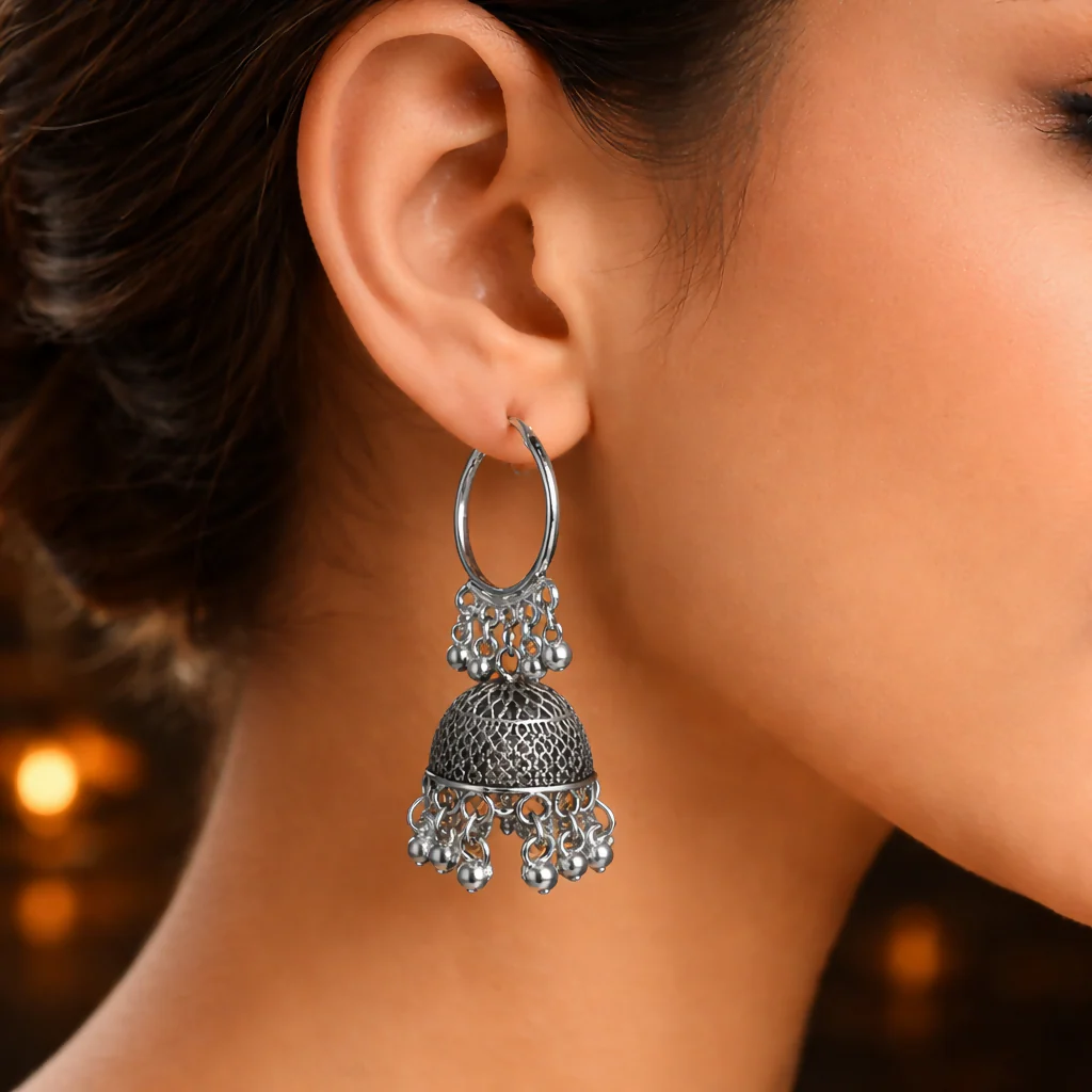 Oxidised Silver Jhumka Hoop Earrings for Women Traditional Ethnic Design - Image 3