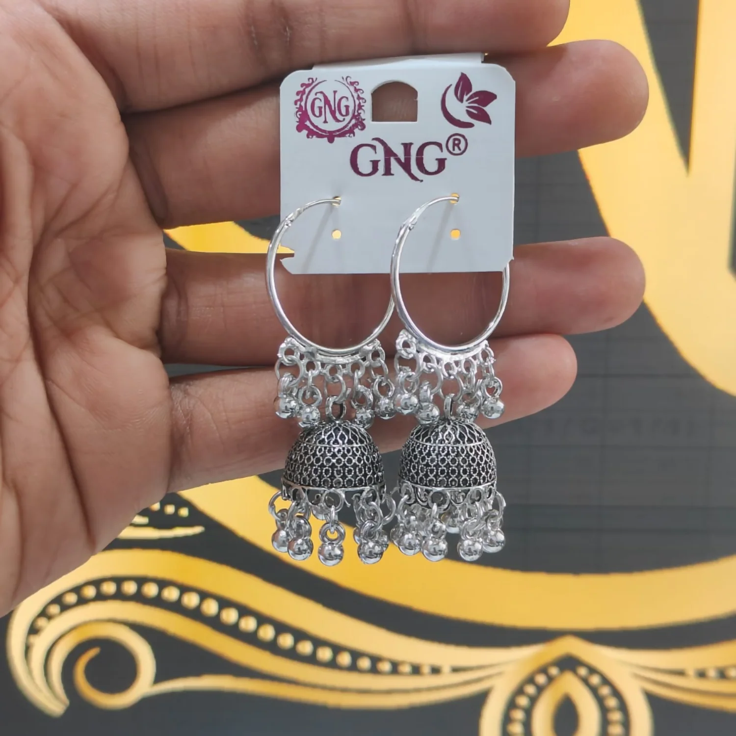 Oxidised Silver Jhumka Hoop Earrings for Women Traditional Ethnic Design - Image 4