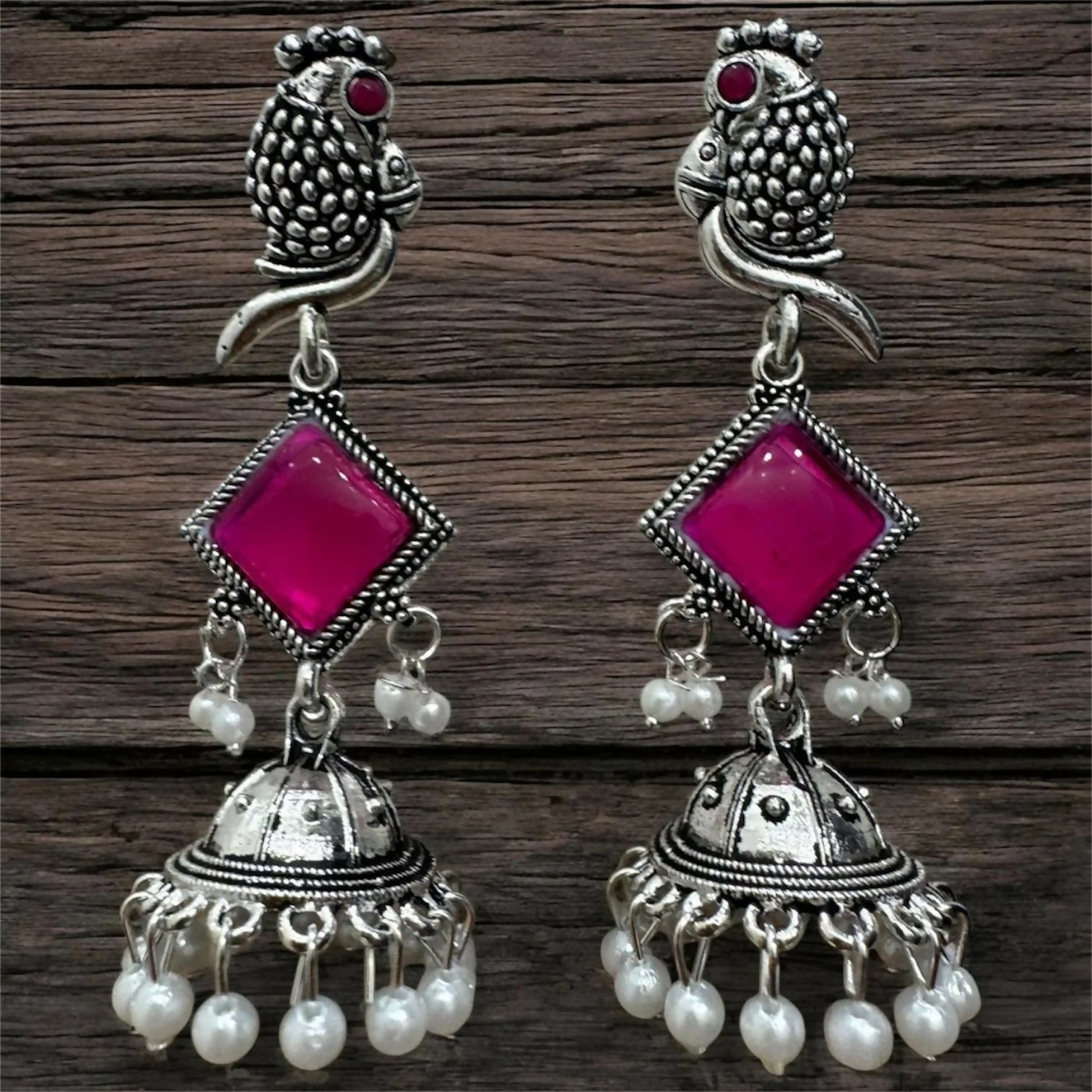 Oxidised Silver Pink Stone Parrot Design Jhumka Earrings for Women & Girls - Image 2