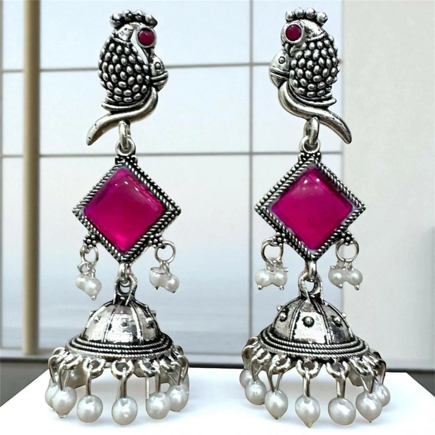 Oxidised Silver Pink Stone Parrot Design Jhumka Earrings for Women & Girls - Image 3