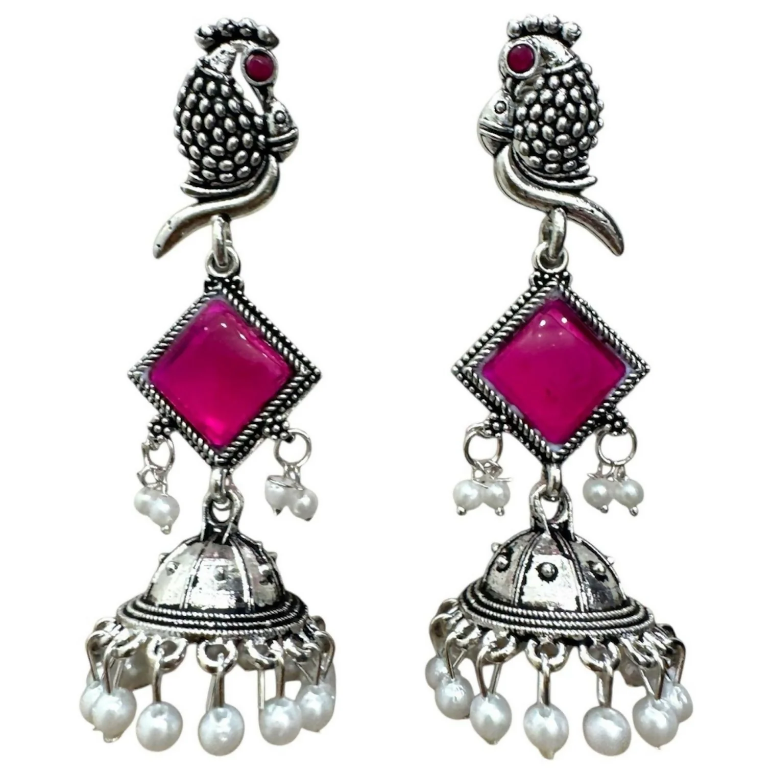 Oxidised Silver Pink Stone Parrot Design Jhumka Earrings for Women & Girls - Image 4