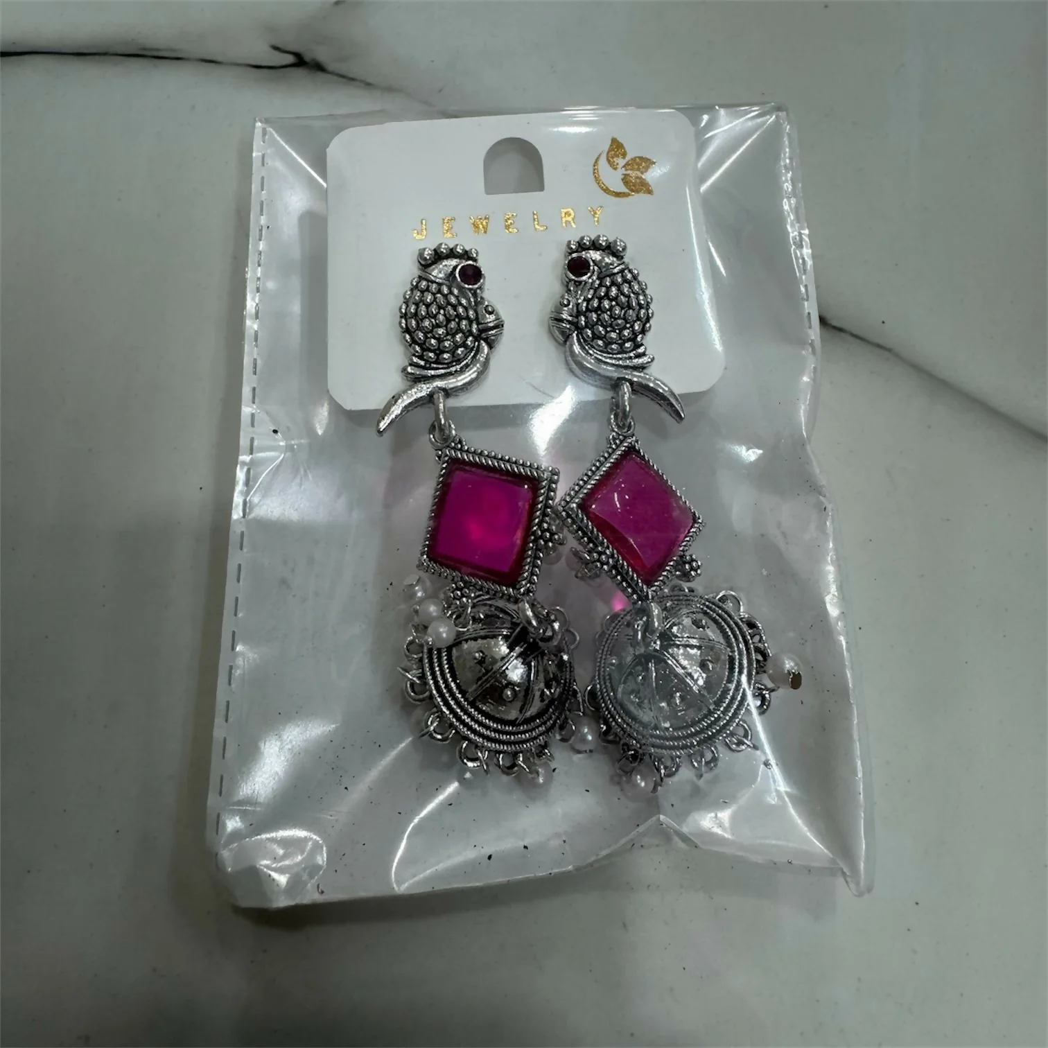 Oxidised Silver Pink Stone Parrot Design Jhumka Earrings for Women & Girls - Image 5