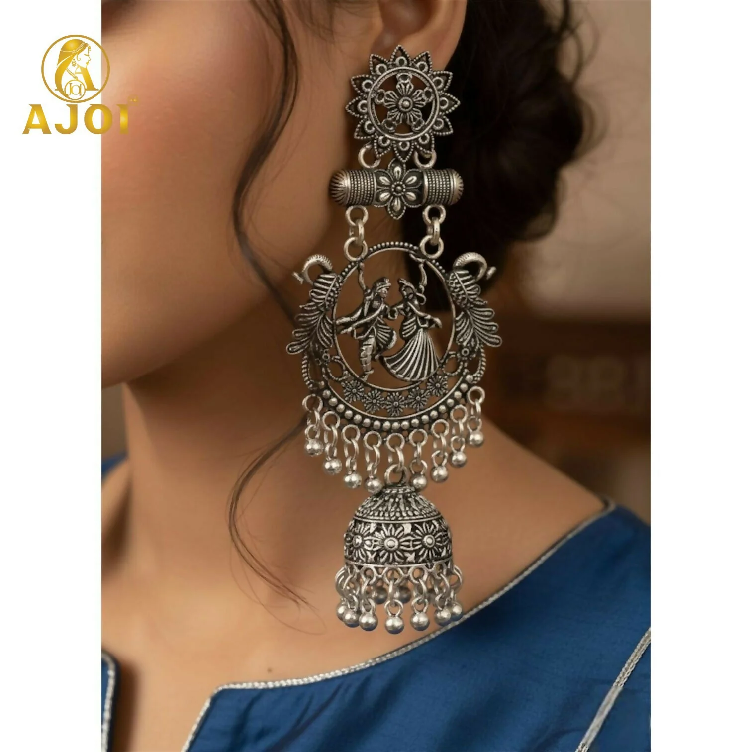 Oxidised Silver Radha Krishna Engraved Jhumka Earrings | Traditional Temple Art Jewellery with Antique Detailing & Ghungroo Drops. - Image 2