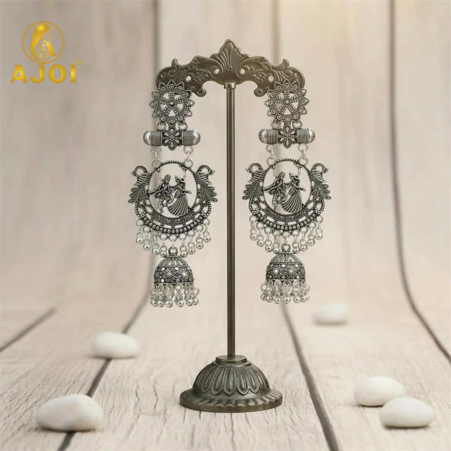 Oxidised Silver Radha Krishna Engraved Jhumka Earrings | Traditional Temple Art Jewellery with Antique Detailing & Ghungroo Drops. - Image 3