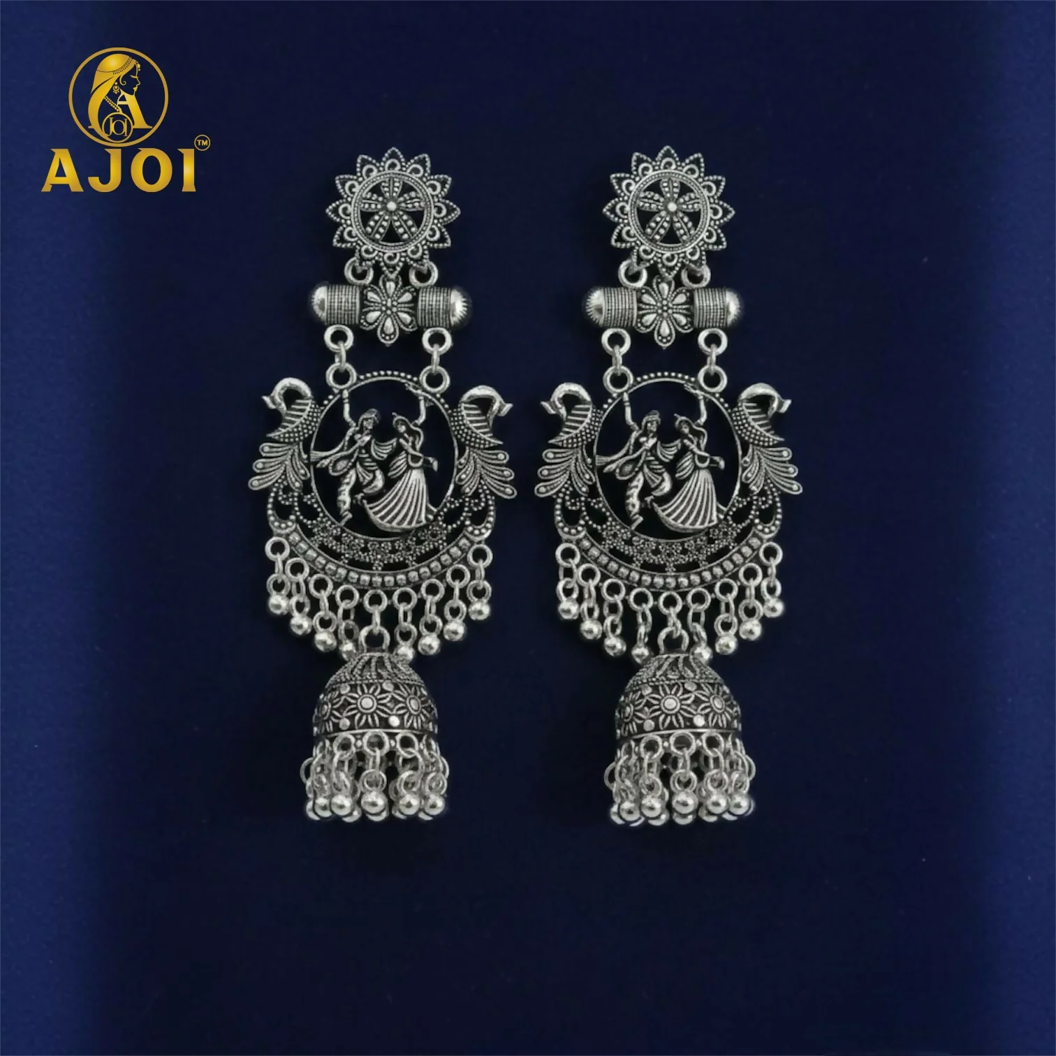 Oxidised Silver Radha Krishna Engraved Jhumka Earrings | Traditional Temple Art Jewellery with Antique Detailing & Ghungroo Drops. - Image 4