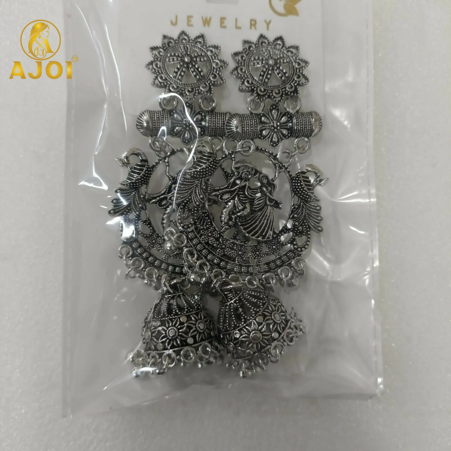 Oxidised Silver Radha Krishna Engraved Jhumka Earrings | Traditional Temple Art Jewellery with Antique Detailing & Ghungroo Drops. - Image 5