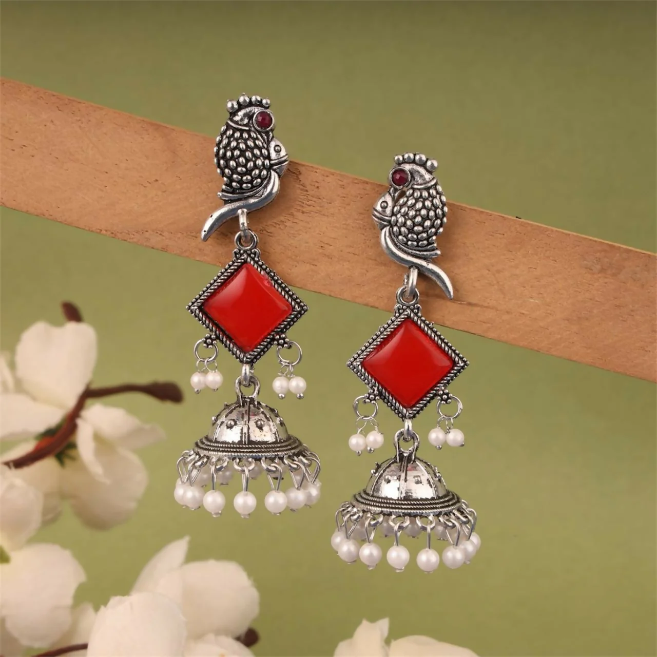 Oxidised Silver Red Stone Parrot Design Jhumka Earrings for Women & Girls - Image 2