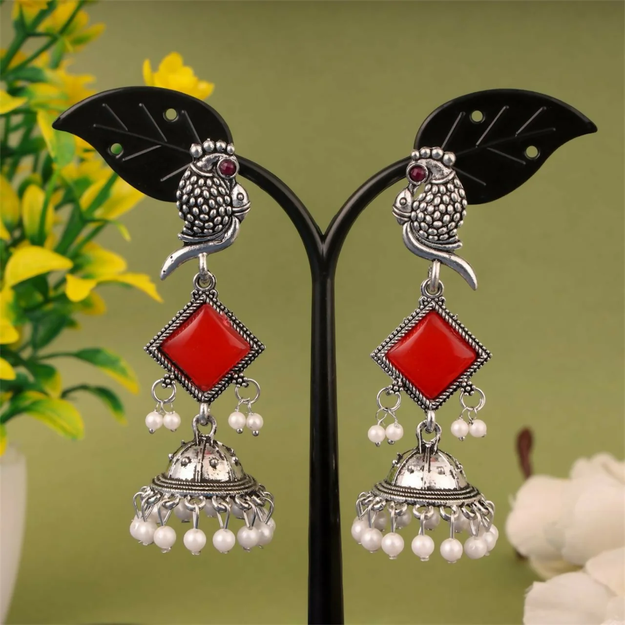 Oxidised Silver Red Stone Parrot Design Jhumka Earrings for Women & Girls - Image 3