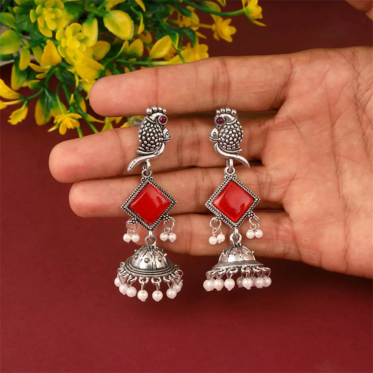Oxidised Silver Red Stone Parrot Design Jhumka Earrings for Women & Girls - Image 4
