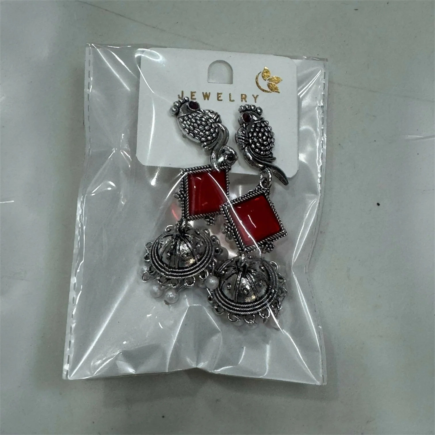 Oxidised Silver Red Stone Parrot Design Jhumka Earrings for Women & Girls - Image 5