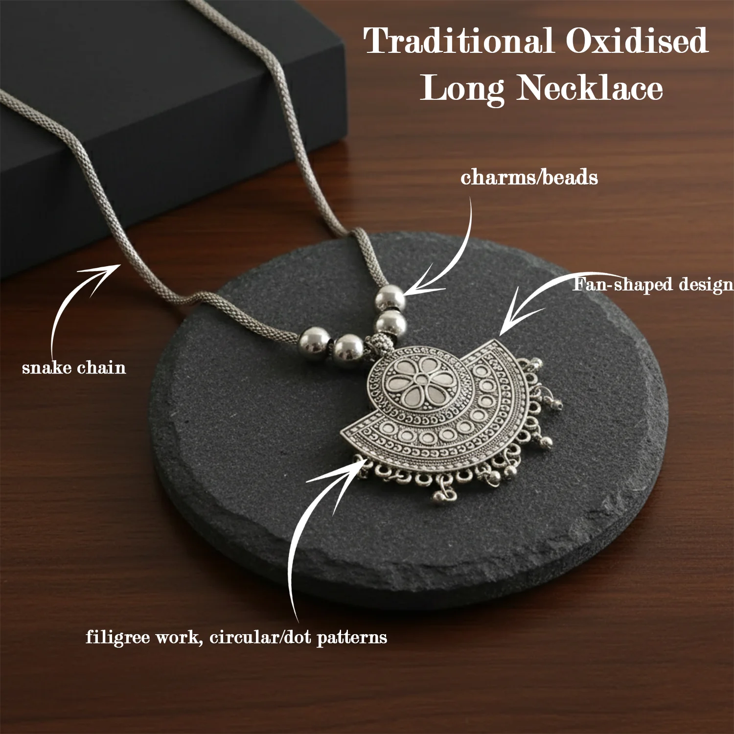 Oxidised Silver-Tone Traditional Long Necklace (1 Pc) - Image 4
