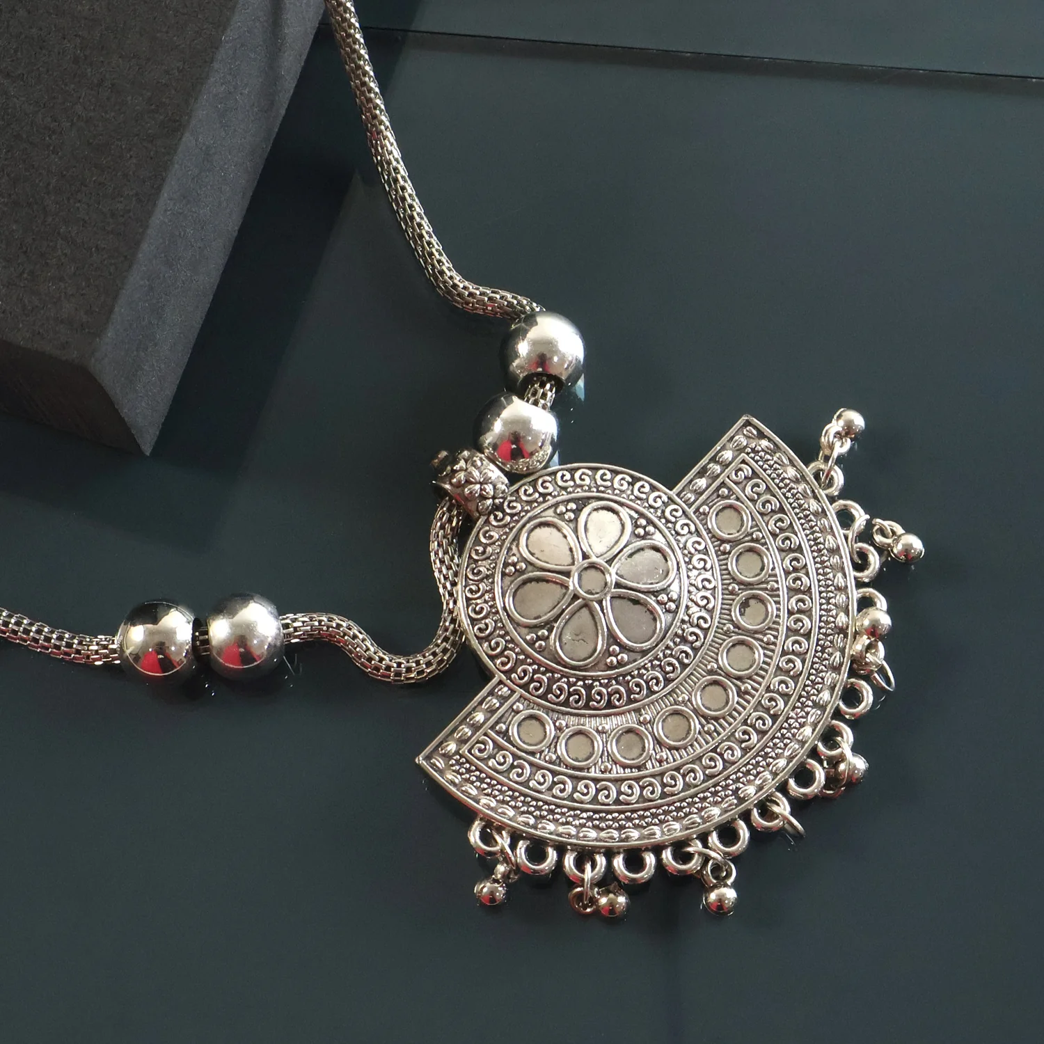 Oxidised Silver-Tone Traditional Long Necklace (1 Pc) - Image 6