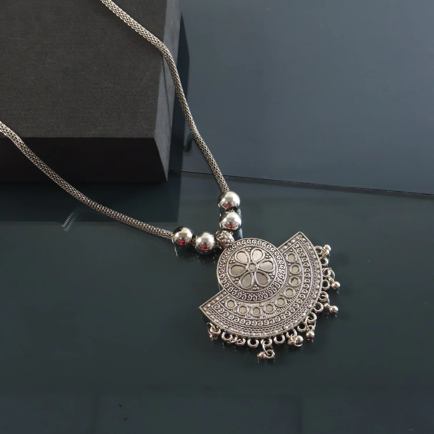 Oxidised Silver-Tone Traditional Long Necklace (1 Pc) - Image 7