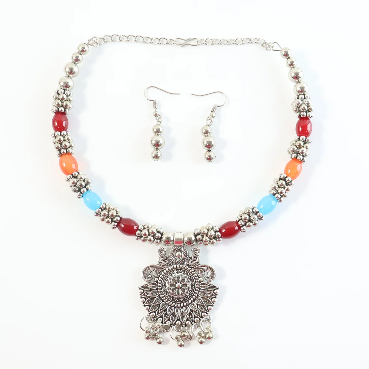 Oxidised Silver Traditional Beaded Necklace Set - Image 5