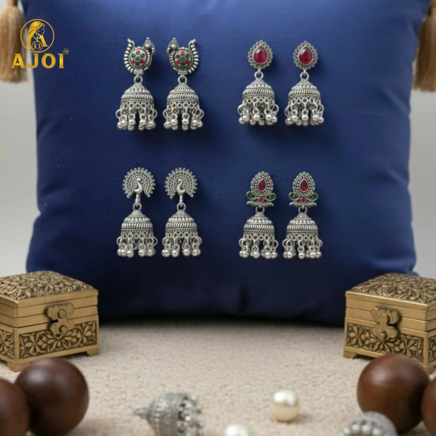 Oxidised Silver Traditional Jhumka Earrings Combo Set (4 Pairs) for Women & Girls - Image 3