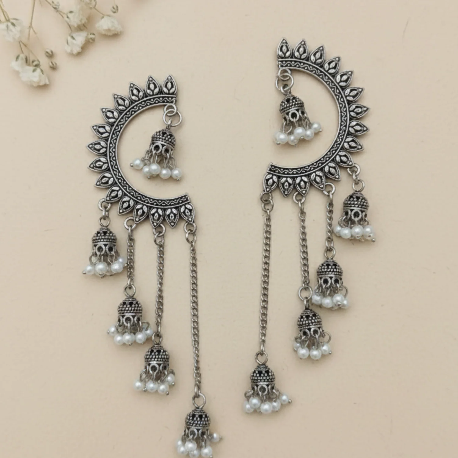 Oxidized Crescent Chandbali Earrings Featuring Long Jhumka Chains and Classic White Pearl Embellishments - Image 3