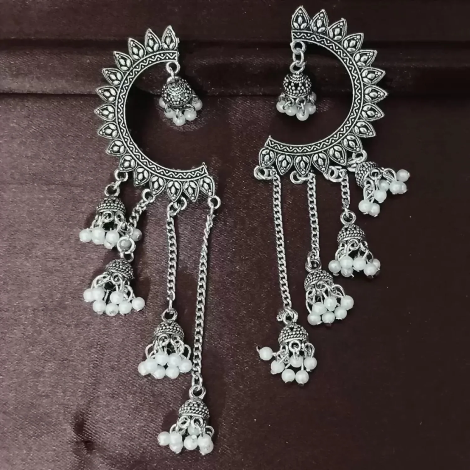 Oxidized Crescent Chandbali Earrings Featuring Long Jhumka Chains and Classic White Pearl Embellishments - Image 4