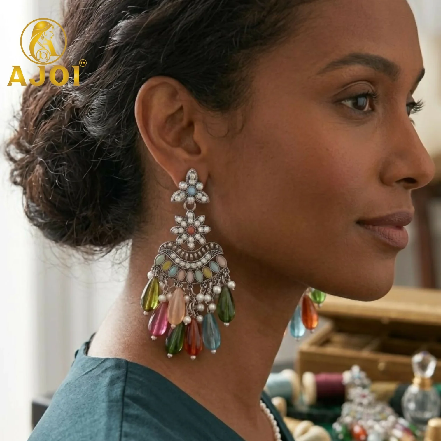 Oxidized Floral Earrings with Multicolor Drop Beads & Pearl Tassels - Image 2