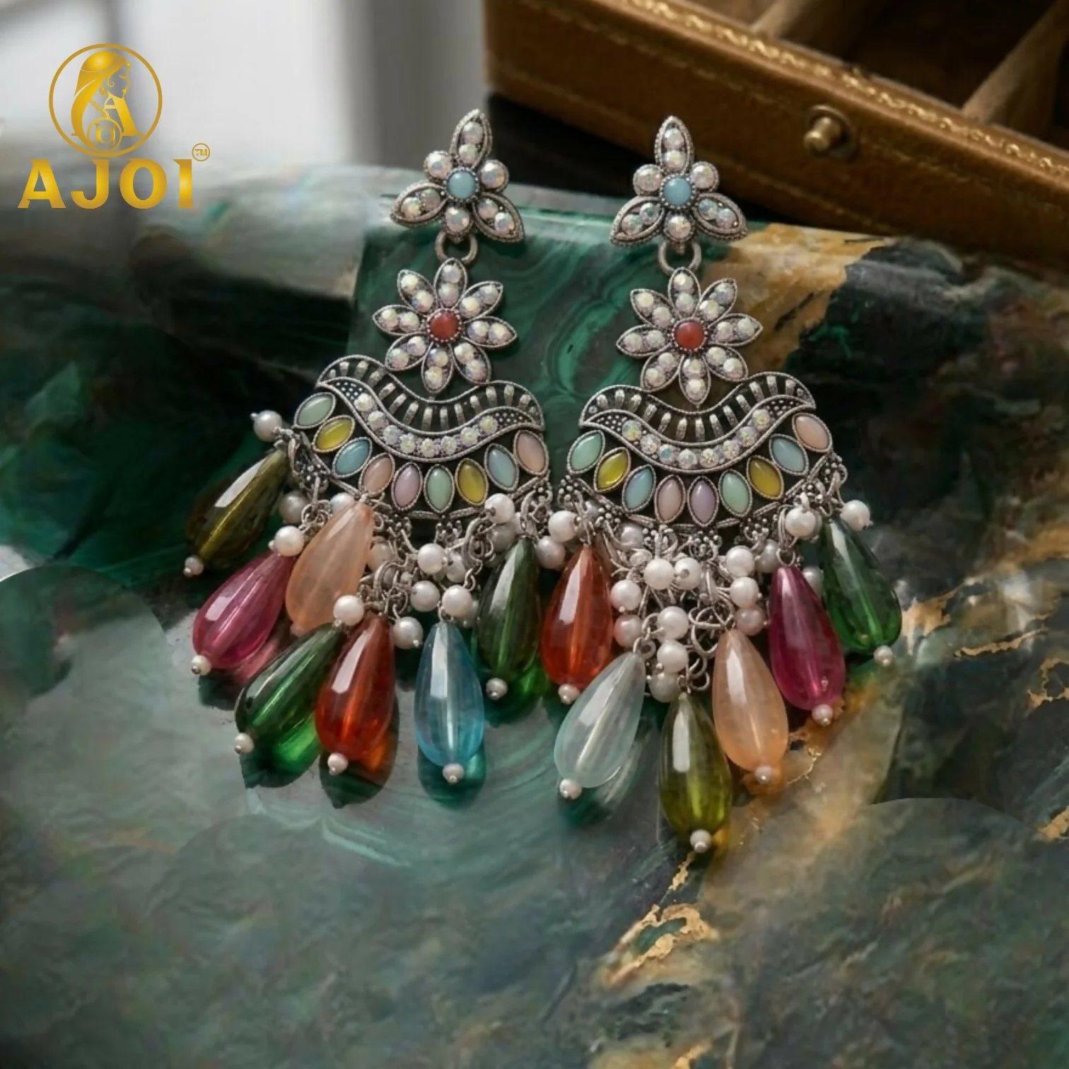 Oxidized Floral Earrings with Multicolor Drop Beads & Pearl Tassels - Image 3