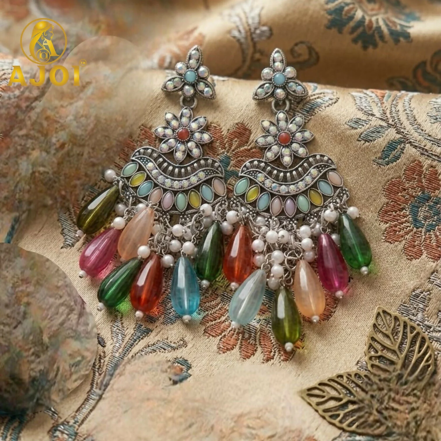 Oxidized Floral Earrings with Multicolor Drop Beads & Pearl Tassels - Image 4