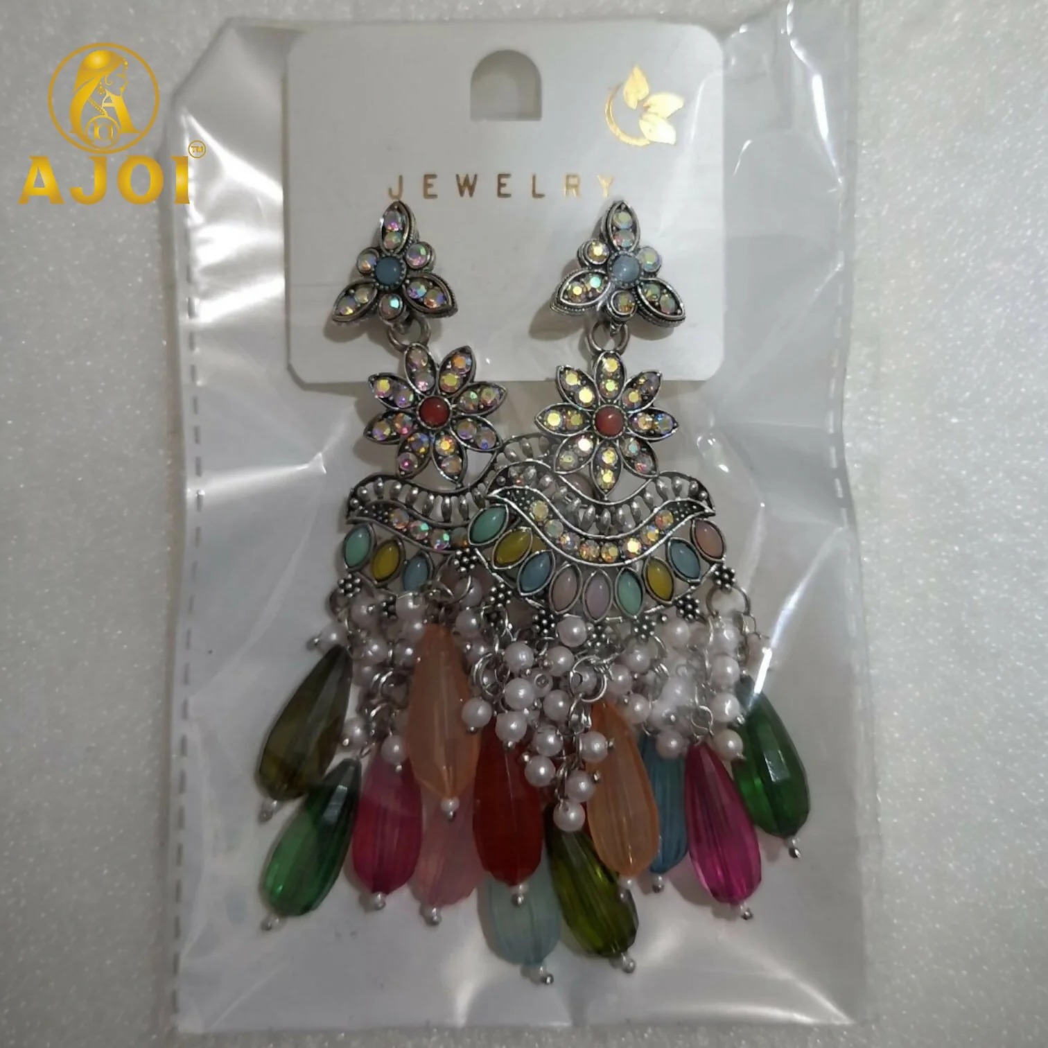 Oxidized Floral Earrings with Multicolor Drop Beads & Pearl Tassels - Image 5