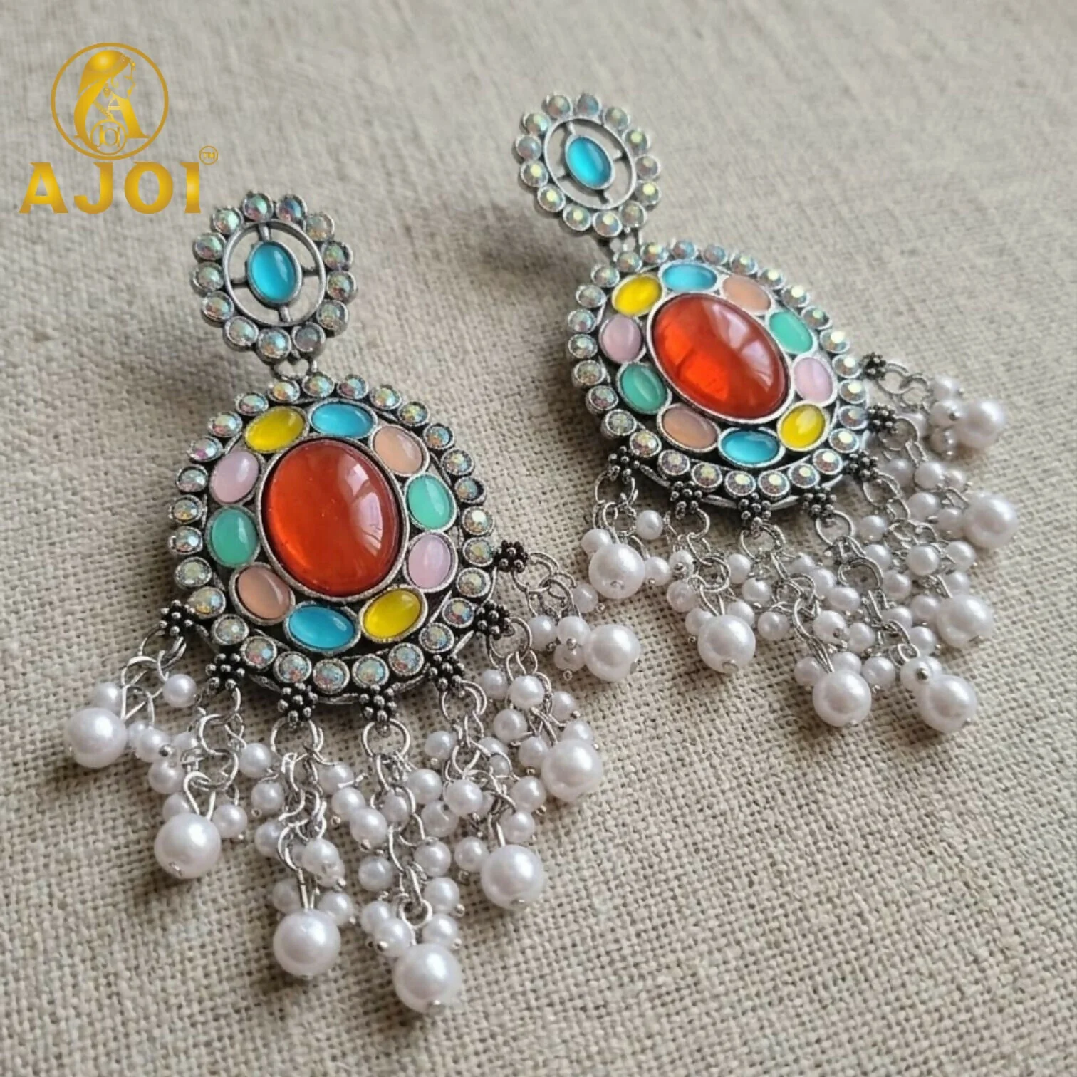 Oxidized Oval Earrings with Multicolor Stones & Pearl Tassel Drops