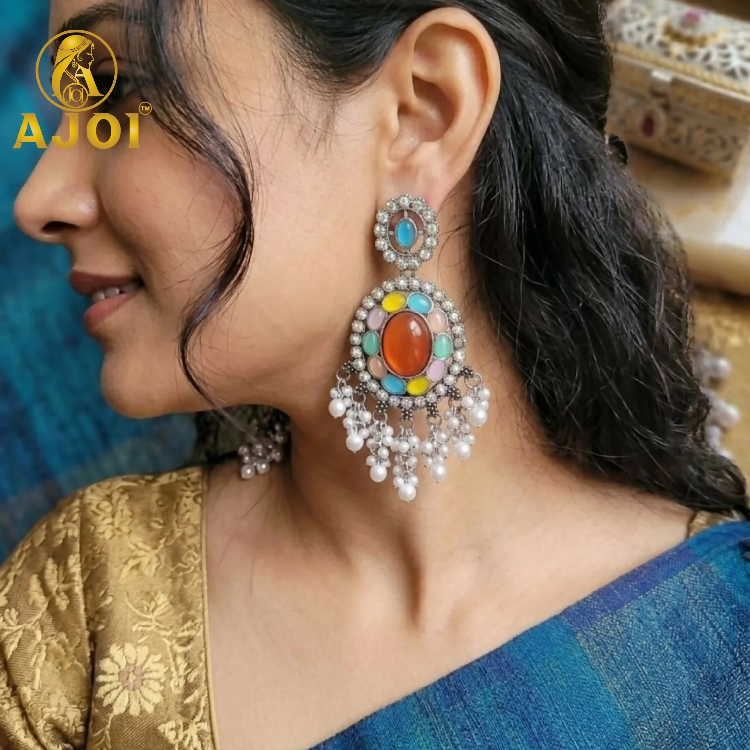 Oxidized Oval Earrings with Multicolor Stones & Pearl Tassel Drops - Image 2