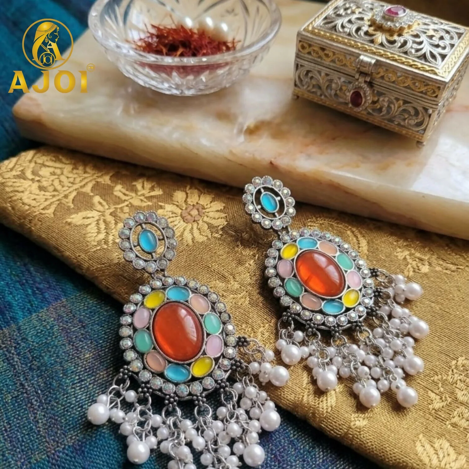 Oxidized Oval Earrings with Multicolor Stones & Pearl Tassel Drops - Image 3