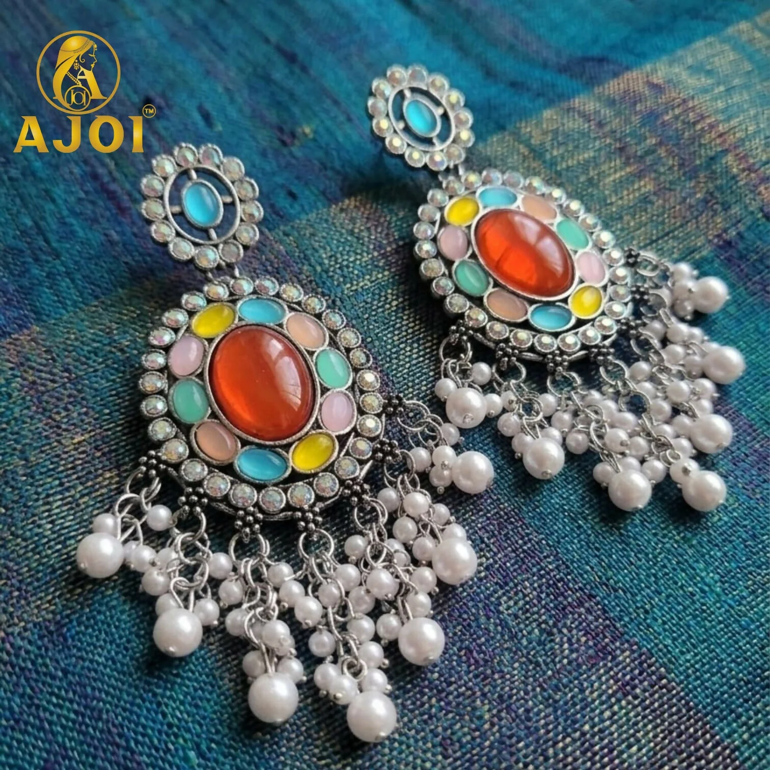 Oxidized Oval Earrings with Multicolor Stones & Pearl Tassel Drops - Image 4