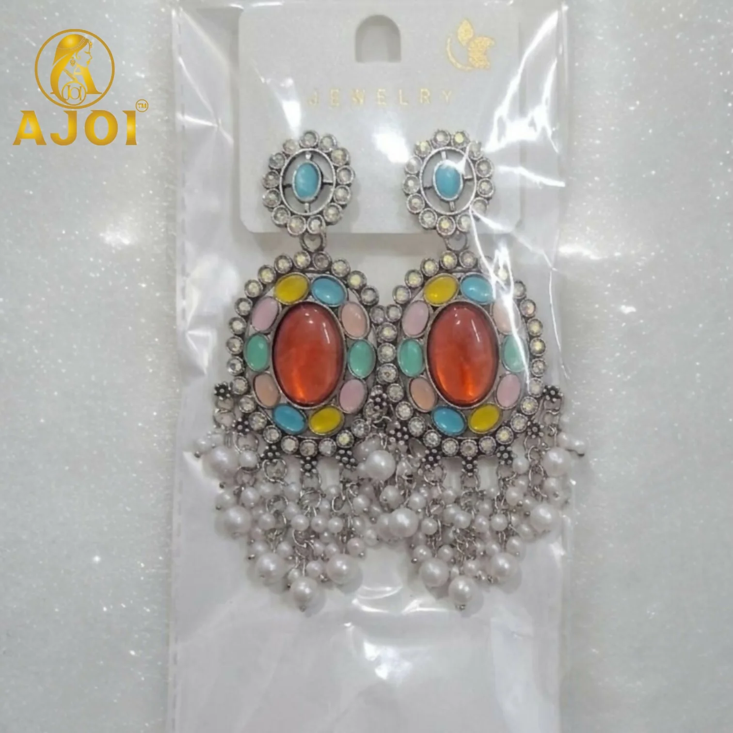 Oxidized Oval Earrings with Multicolor Stones & Pearl Tassel Drops - Image 5