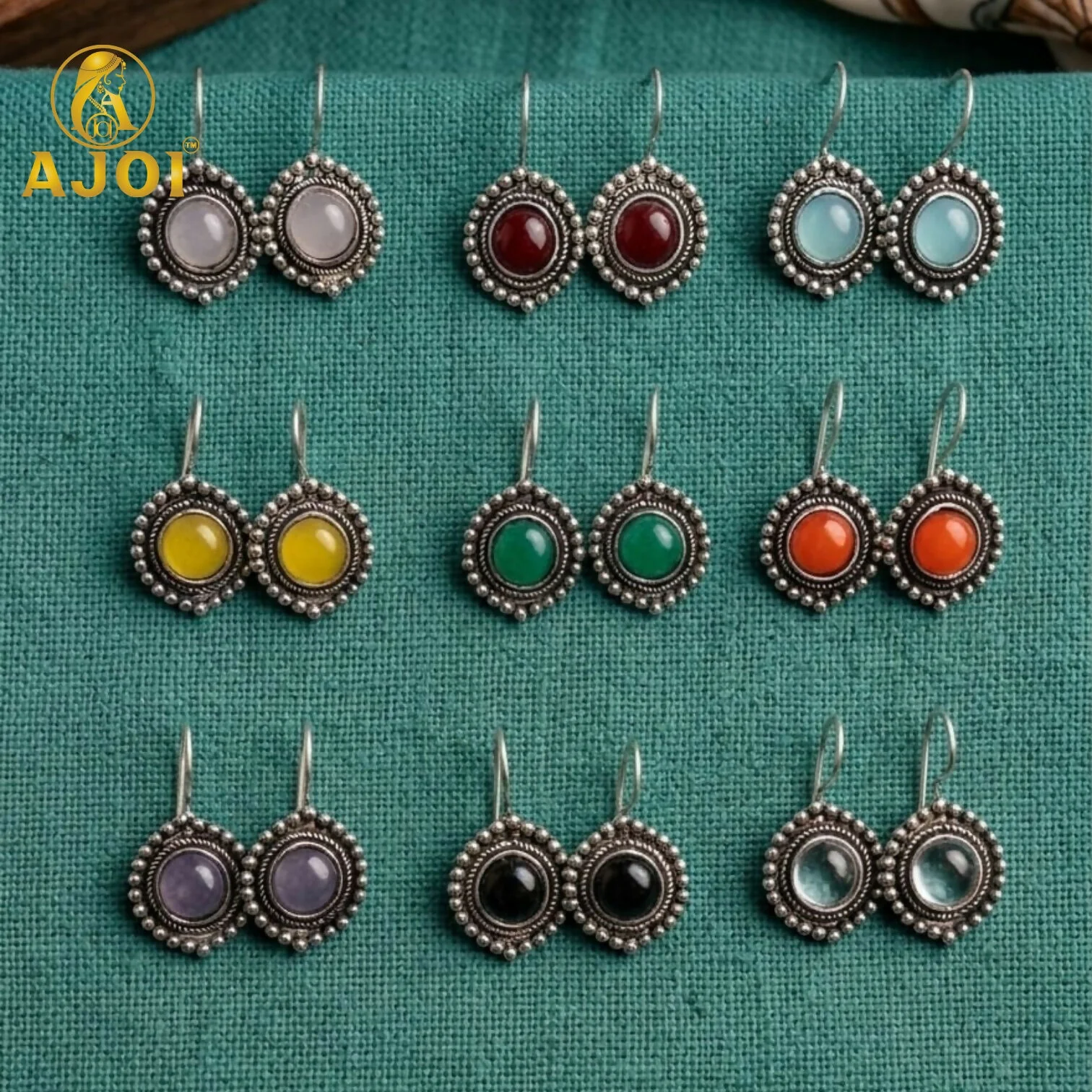 Oxidized Round Stone Earrings Set of 9 - Image 3