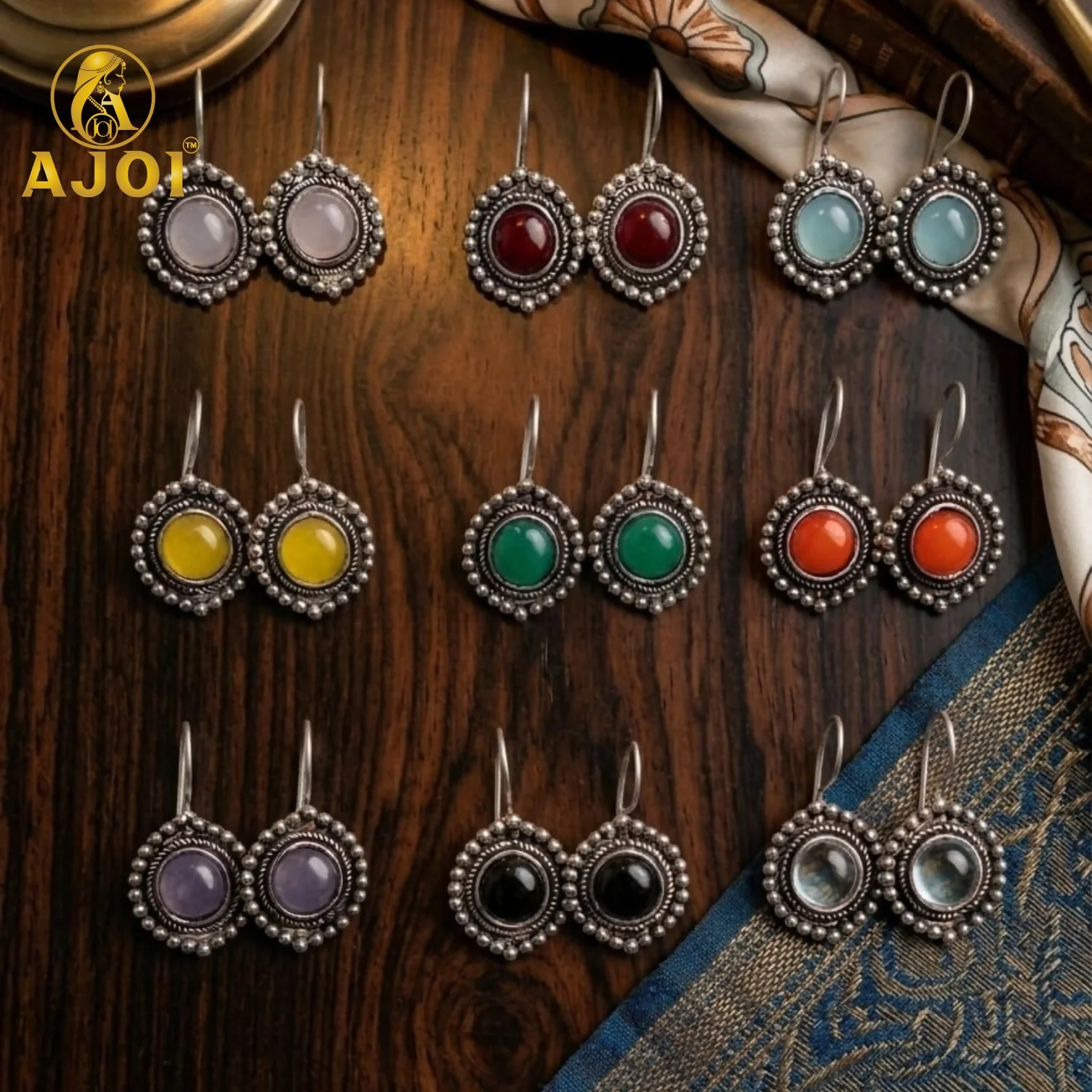 Oxidized Round Stone Earrings Set of 9 - Image 4