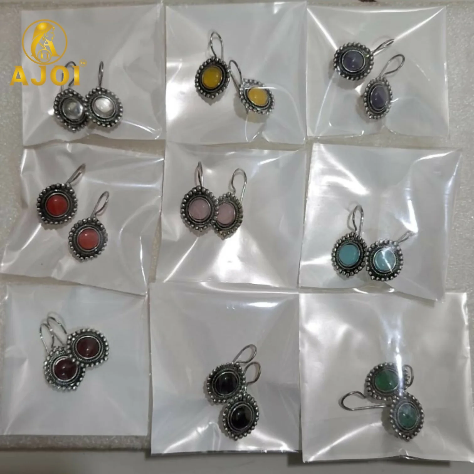 Oxidized Round Stone Earrings Set of 9 - Image 5