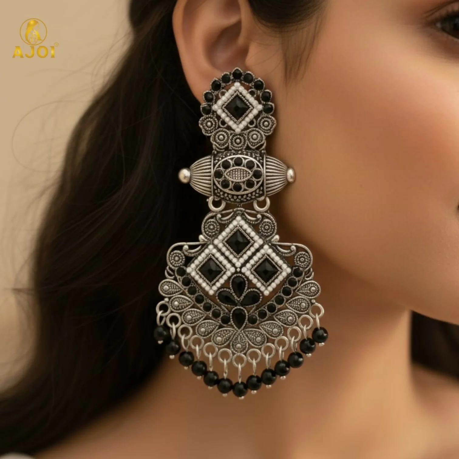 Oxidized Silver Black Stone Designer Chandbali Earrings for Women - Image 2