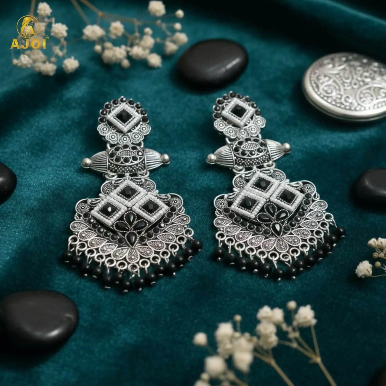 Oxidized Silver Black Stone Designer Chandbali Earrings for Women - Image 3