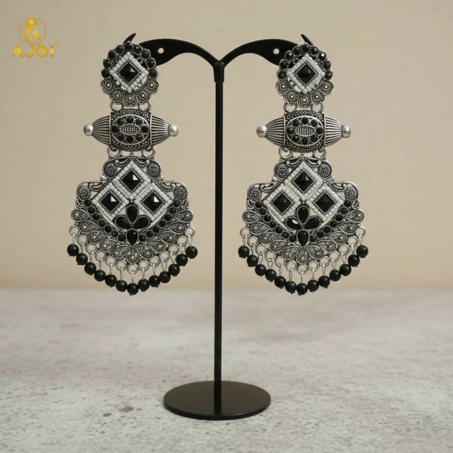 Oxidized Silver Black Stone Designer Chandbali Earrings for Women - Image 4