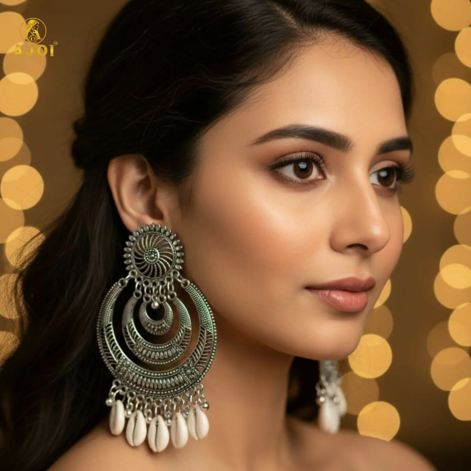 Oxidized Silver Chandbali Earrings with Cowrie Shell Drops Earring - Image 2