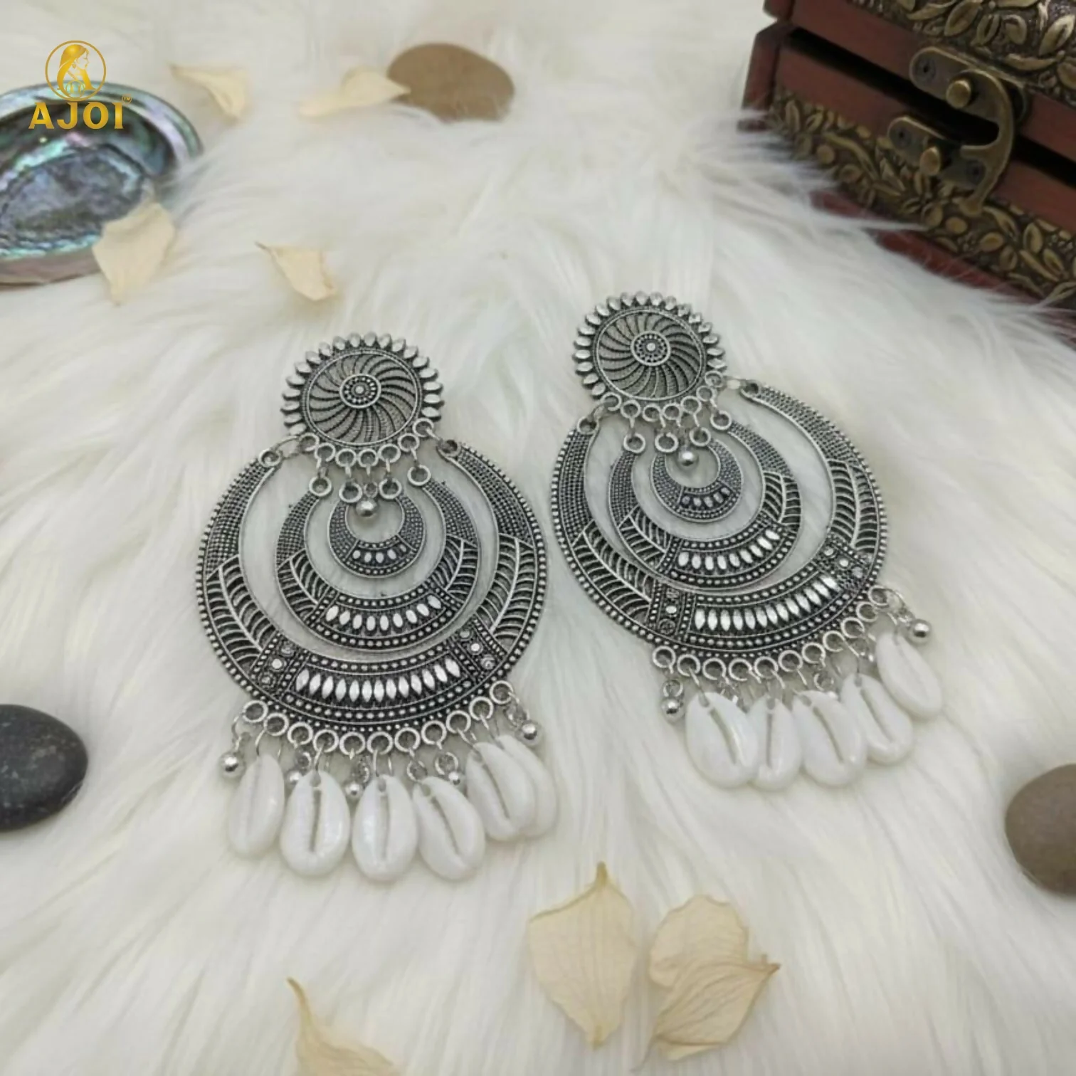 Oxidized Silver Chandbali Earrings with Cowrie Shell Drops Earring - Image 3