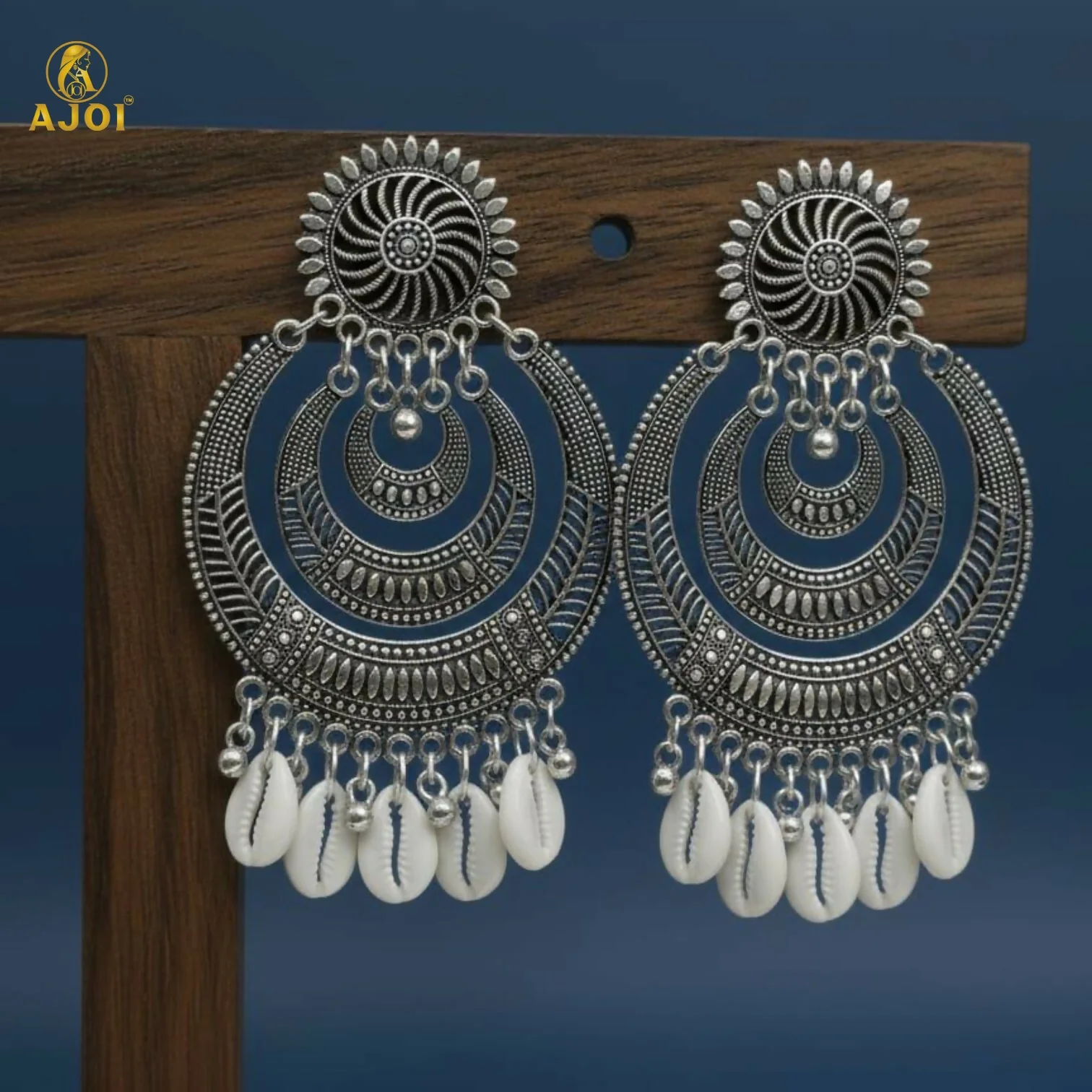 Oxidized Silver Chandbali Earrings with Cowrie Shell Drops Earring - Image 4