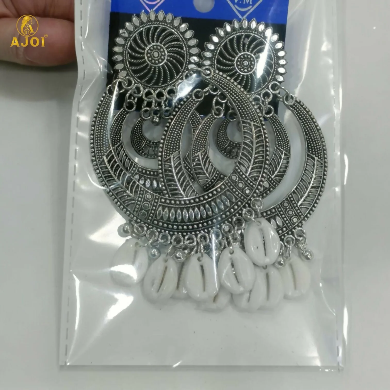 Oxidized Silver Chandbali Earrings with Cowrie Shell Drops Earring - Image 5