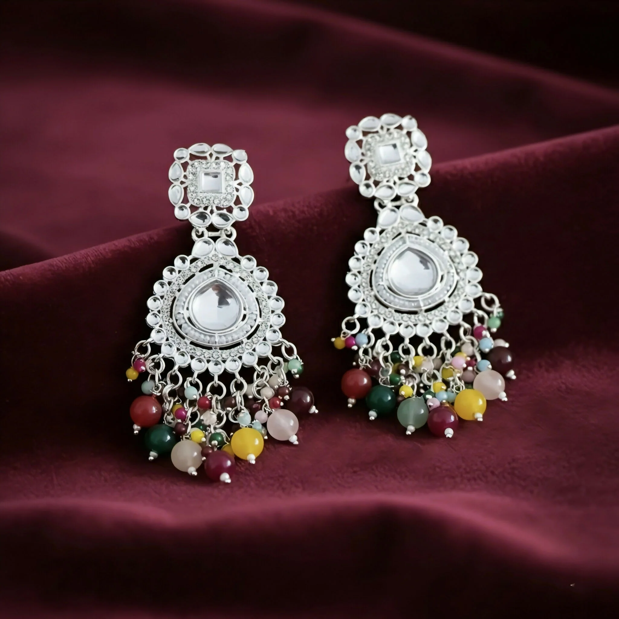 Oxidized Silver Chandbalis with Multi-Color Bead Drops earrings - Image 4