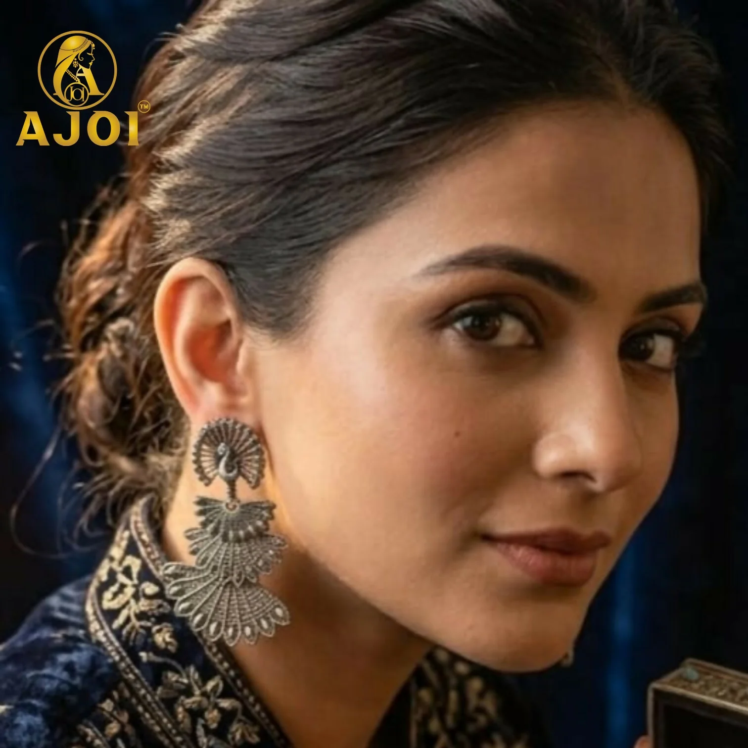 Oxidized Silver Earrings with Jhumka and Peacock Set of 3 - Image 2