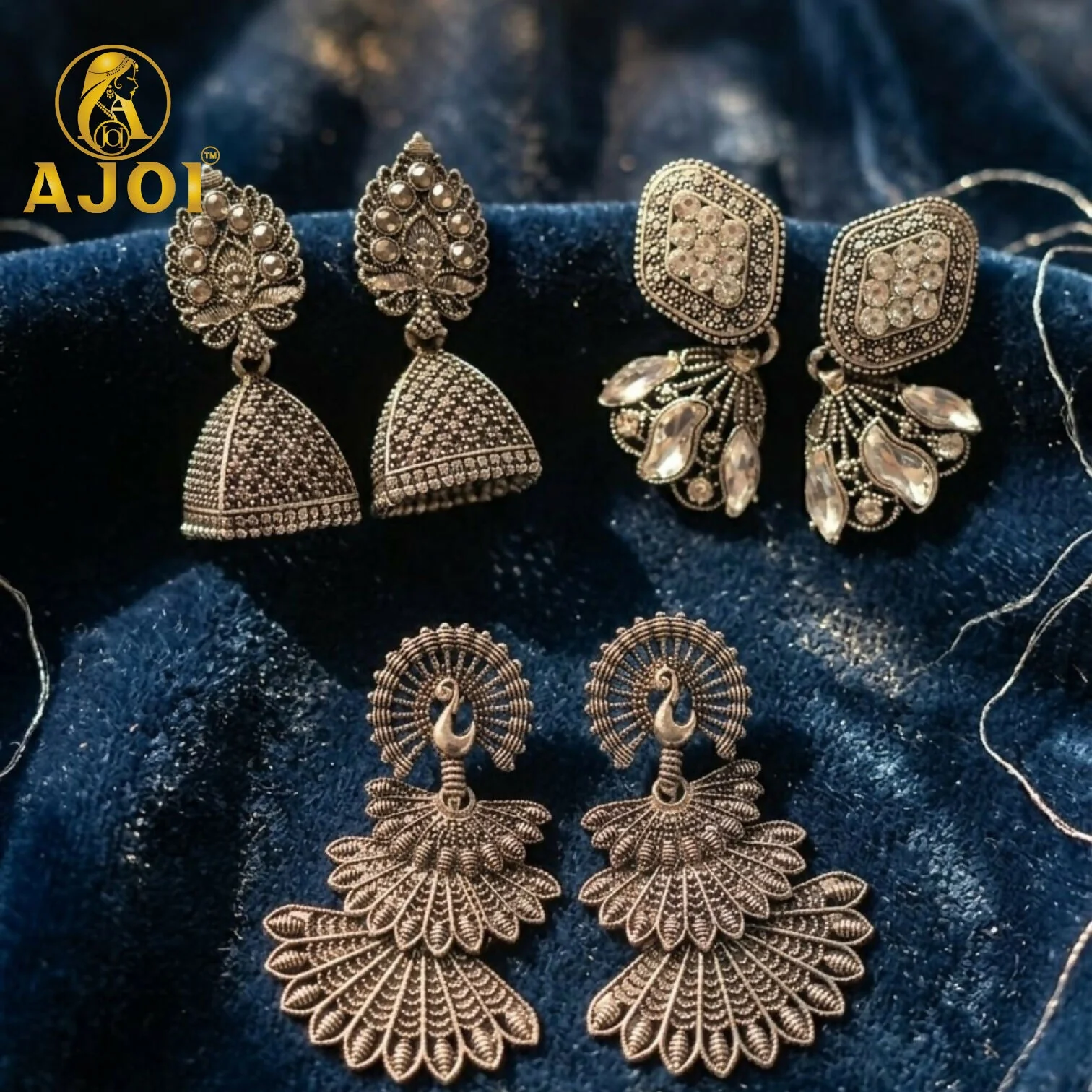 Oxidized Silver Earrings with Jhumka and Peacock Set of 3 - Image 3