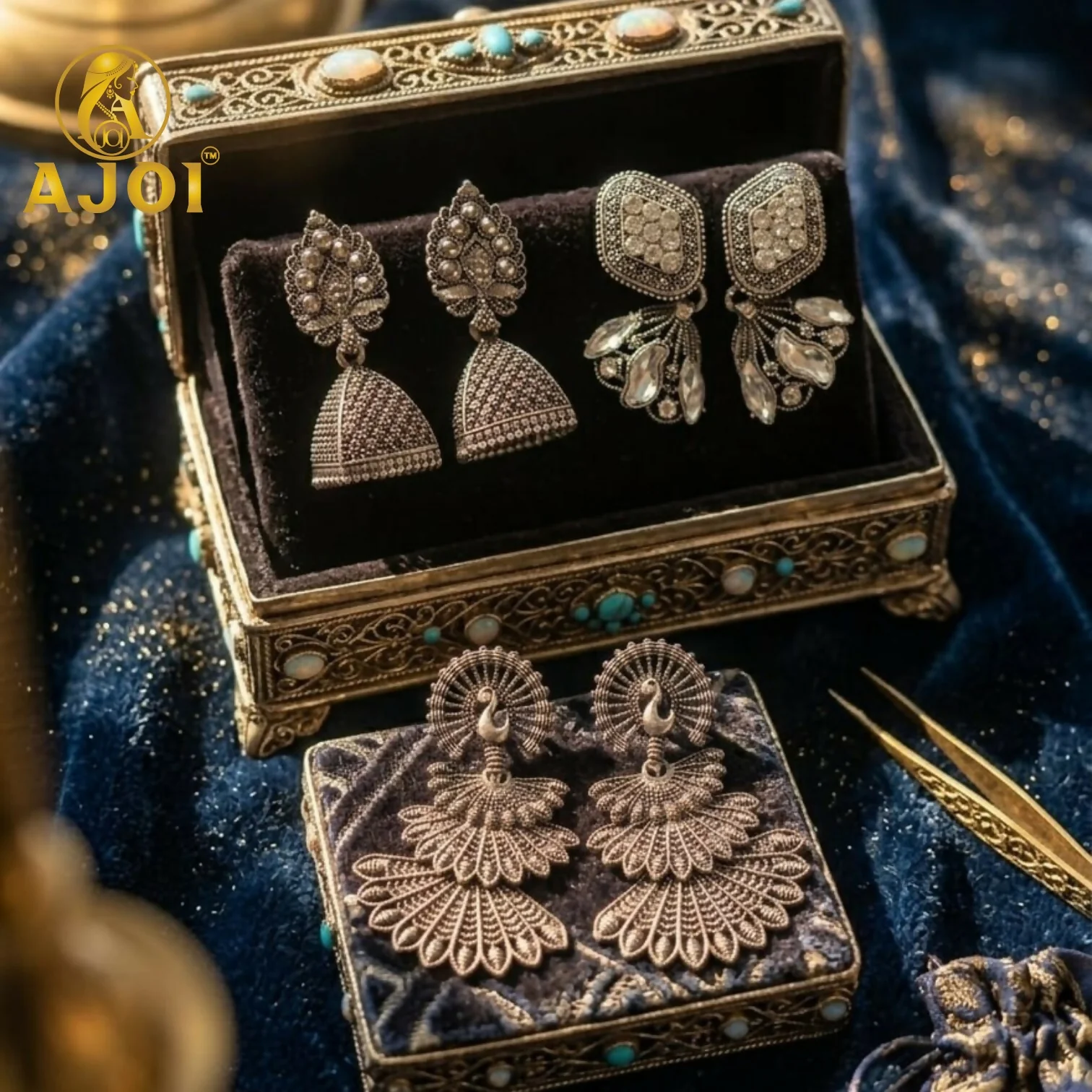 Oxidized Silver Earrings with Jhumka and Peacock Set of 3 - Image 4