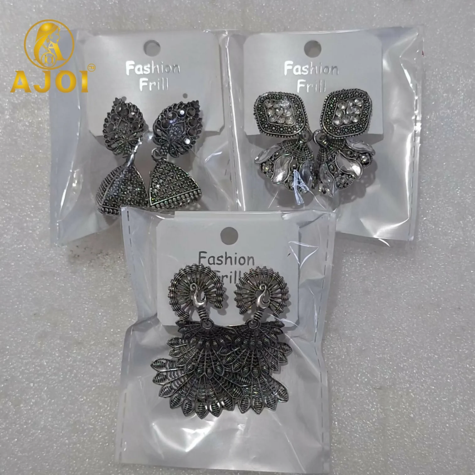 Oxidized Silver Earrings with Jhumka and Peacock Set of 3 - Image 5